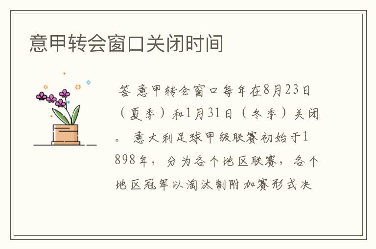 意甲转会窗口关闭时间