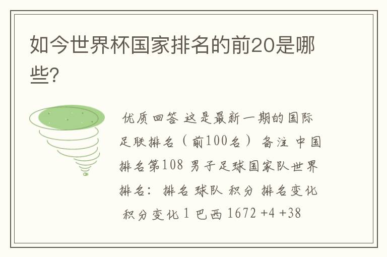 如今世界杯国家排名的前20是哪些?