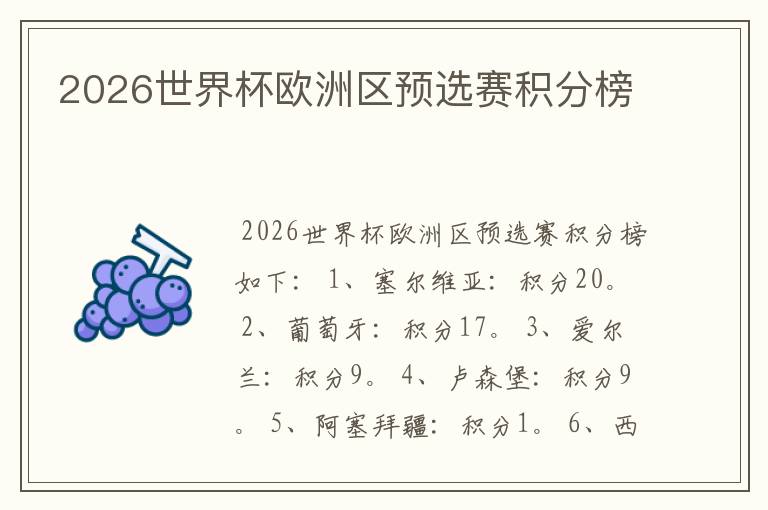 2026世界杯欧洲区预选赛积分榜