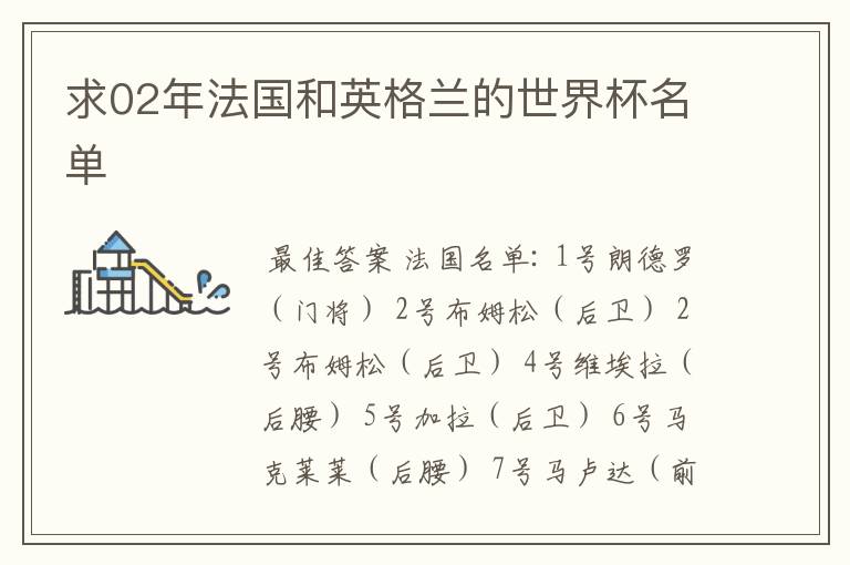 求02年法国和英格兰的世界杯名单