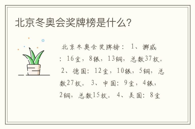 北京冬奥会奖牌榜是什么?