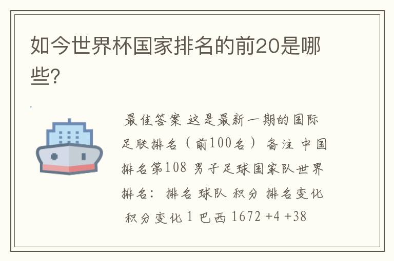 如今世界杯国家排名的前20是哪些?