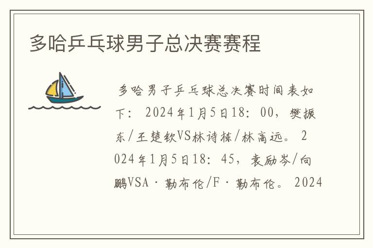 多哈乒乓球男子总决赛赛程