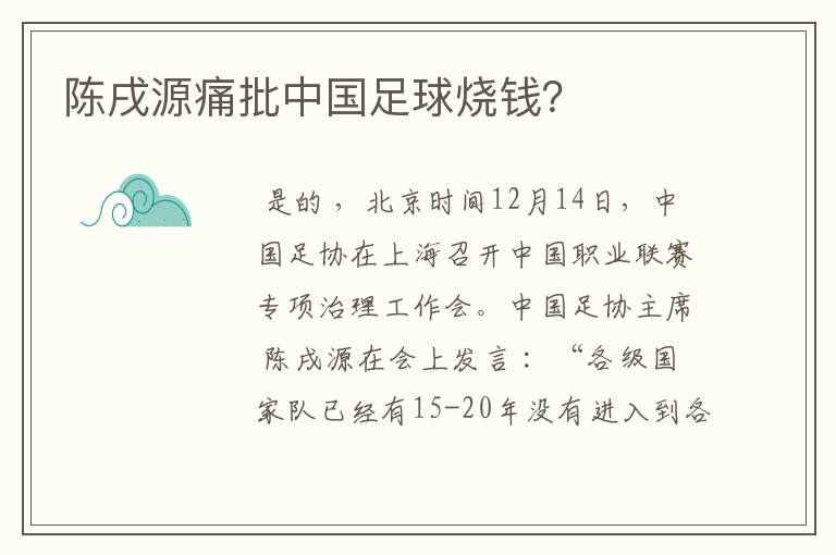 陈戌源痛批中国足球烧钱?