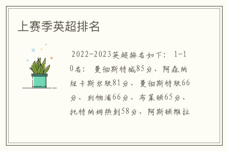 上赛季英超排名