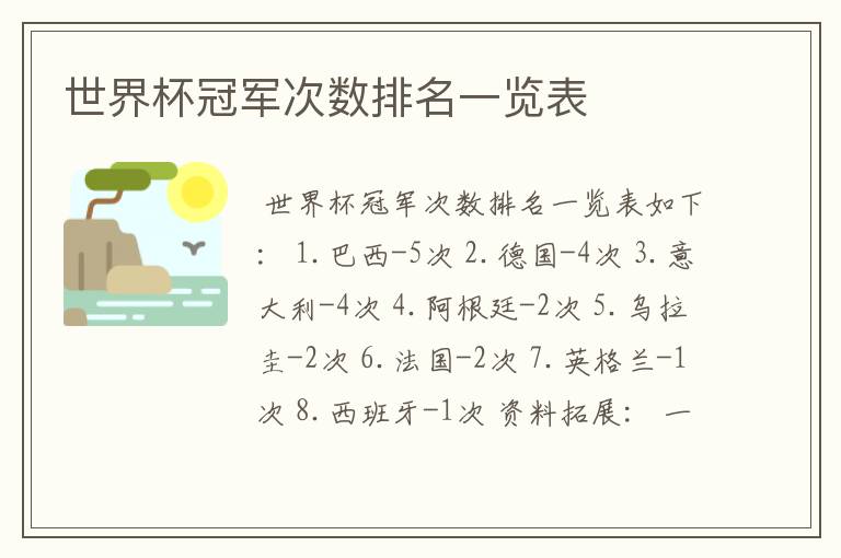 世界杯冠军次数排名一览表