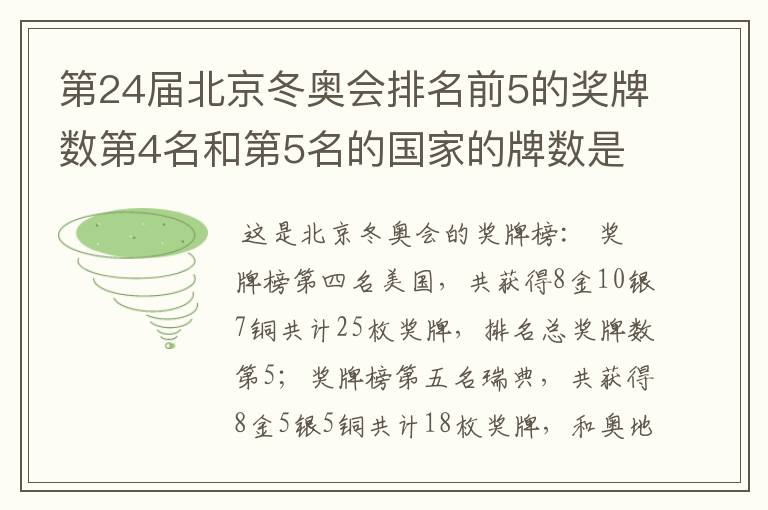 第24届北京冬奥会排名前5的奖牌数第4名和第5名的国家的牌数是多少?