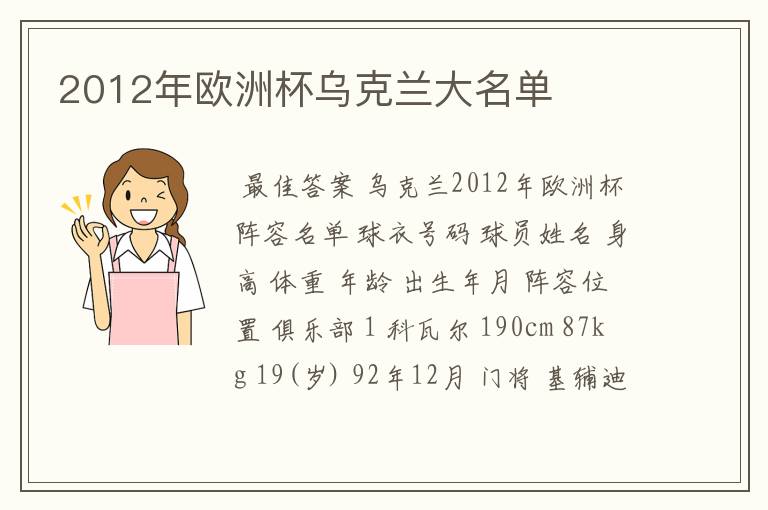2012年欧洲杯乌克兰大名单