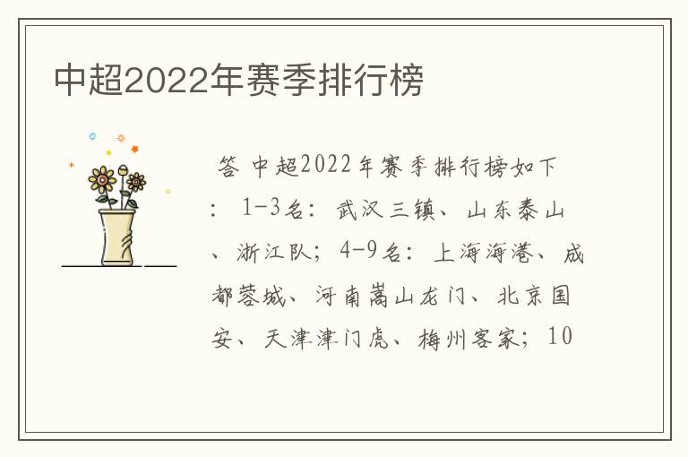 中超2022年赛季排行榜
