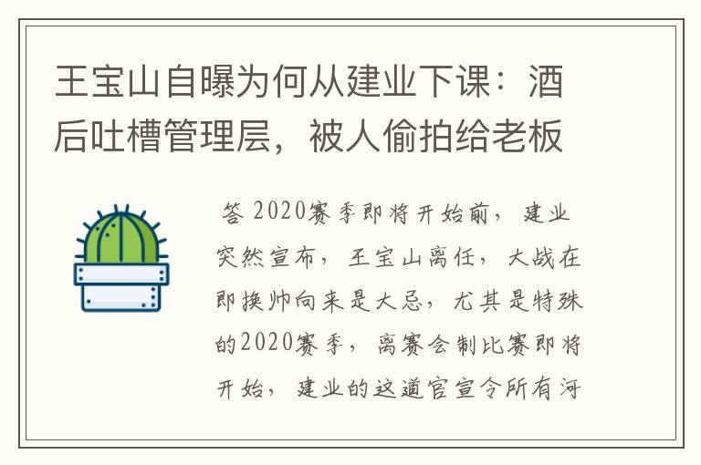 王宝山自曝为何从建业下课:酒后吐槽管理层,被人偷拍给老板