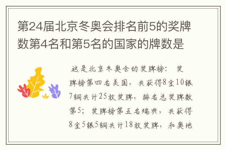 第24届北京冬奥会排名前5的奖牌数第4名和第5名的国家的牌数是多少?
