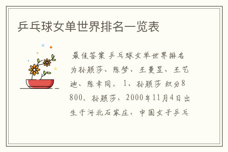 乒乓球女单世界排名一览表