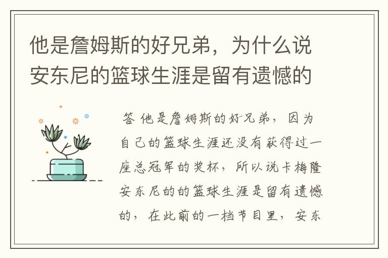 他是詹姆斯的好兄弟，为什么说安东尼的篮球生涯是留有遗憾的呢？