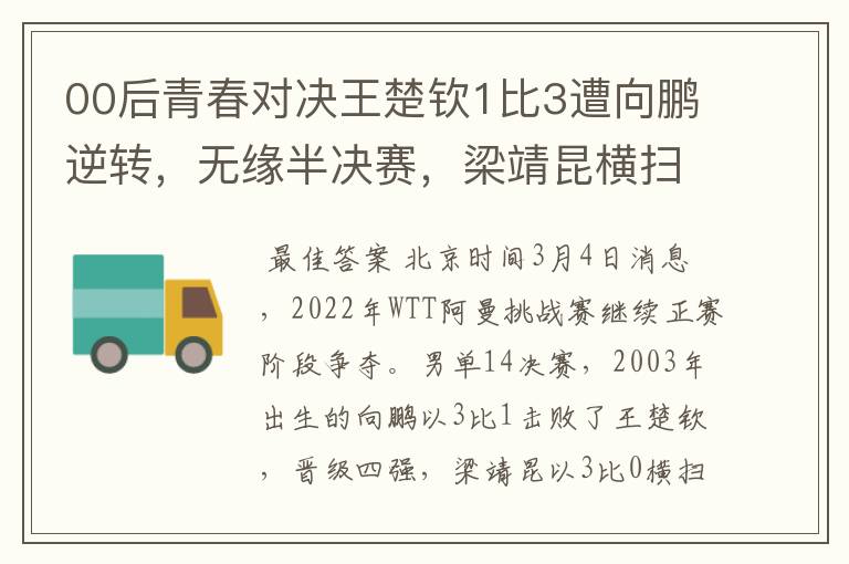 00后青春对决王楚钦1比3遭向鹏逆转,无缘半决赛,梁靖昆横扫过关