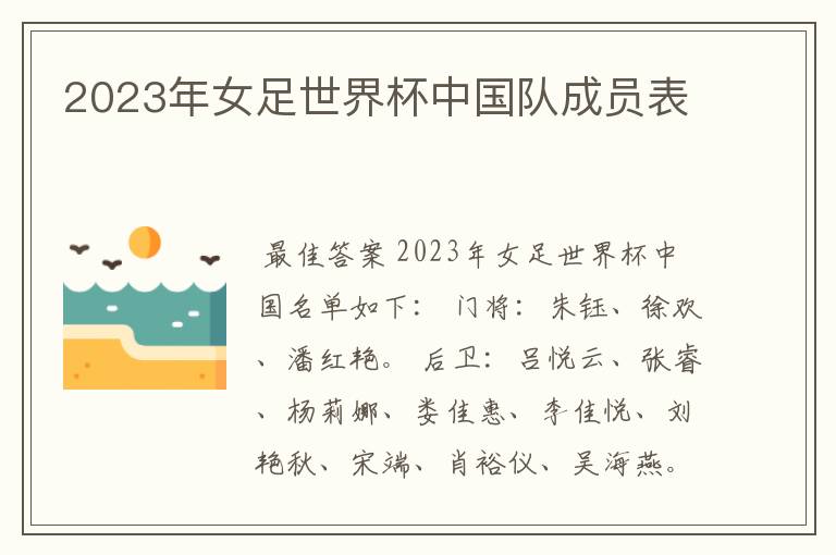 2023年女足世界杯中国队成员表
