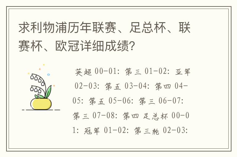 求利物浦历年联赛、足总杯、联赛杯、欧冠详细成绩?