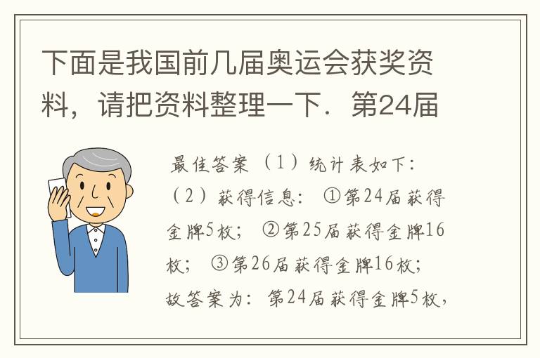 下面是我国前几届奥运会获奖资料,请把资料整理一下.第24届:金牌5枚、银牌17枚、铜牌25枚;第25届:金
