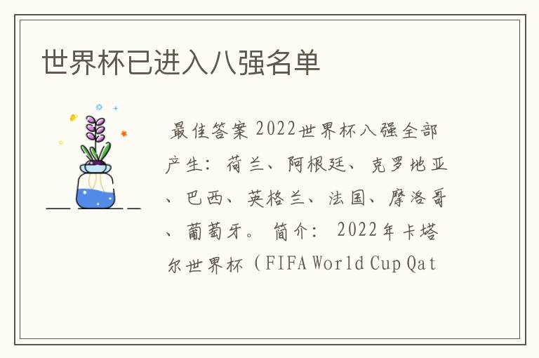 世界杯已进入八强名单