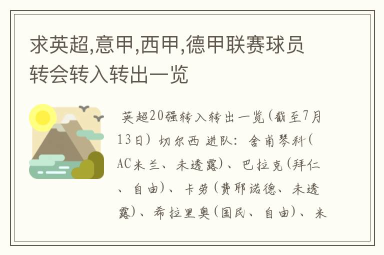 求英超,意甲,西甲,德甲联赛球员转会转入转出一览