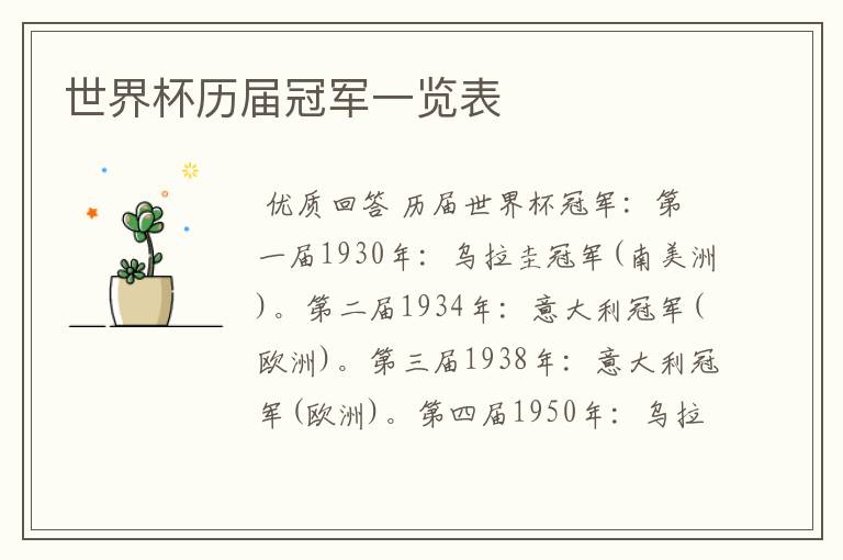 世界杯历届冠军一览表