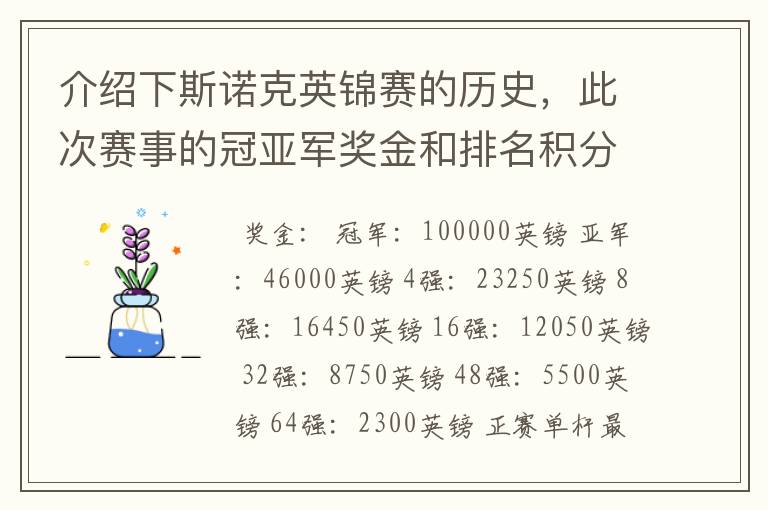 介绍下斯诺克英锦赛的历史,此次赛事的冠亚军奖金和排名积分各是多少?