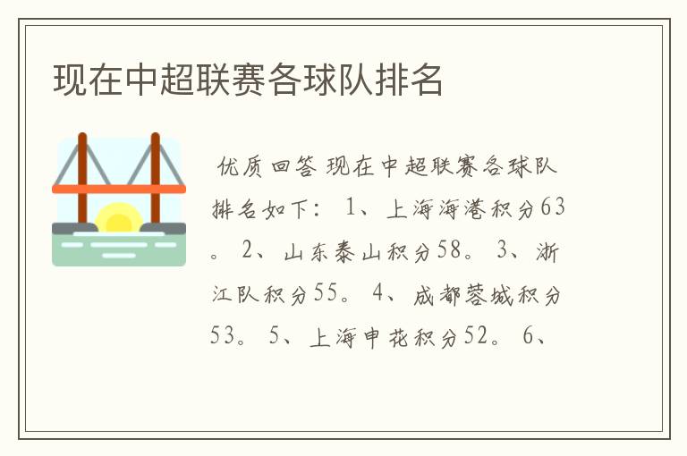 现在中超联赛各球队排名