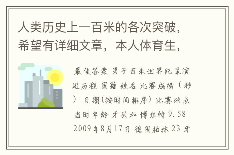人类历史上一百米的各次突破,希望有详细文章,本人体育生,喜欢看一百米比赛