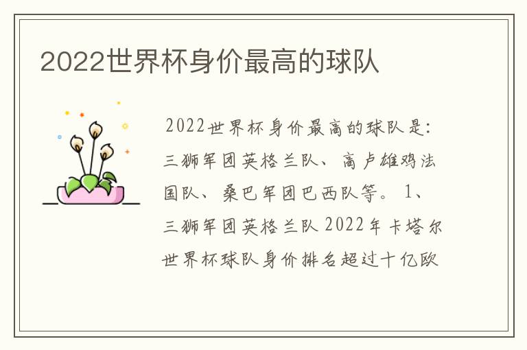 2022世界杯身价最高的球队