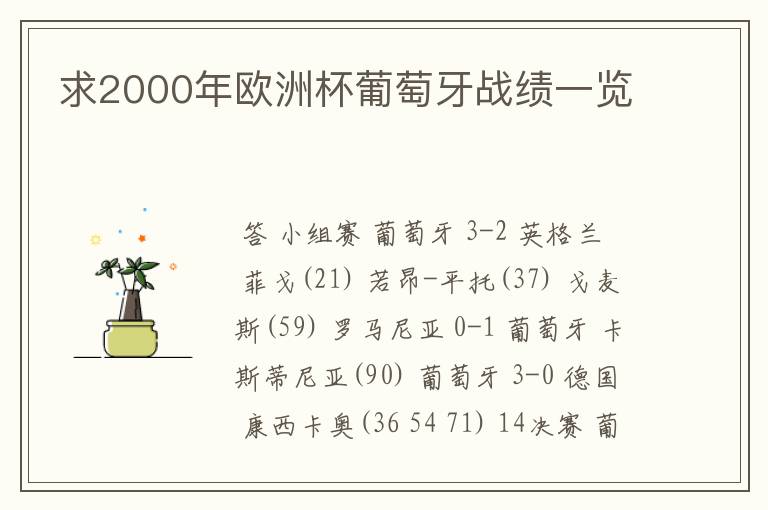 求2000年欧洲杯葡萄牙战绩一览