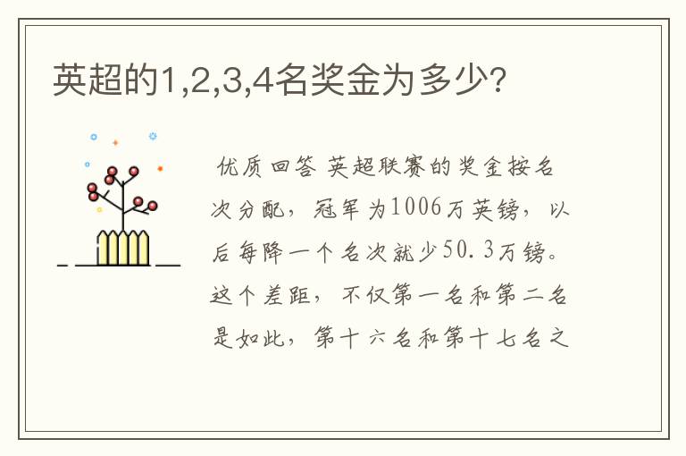 英超的1,2,3,4名奖金为多少?