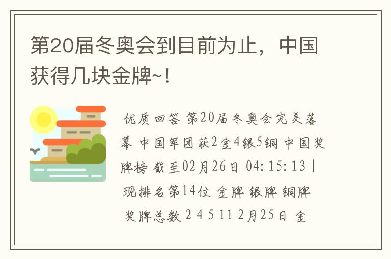 第20届冬奥会到目前为止，中国获得几块金牌~！