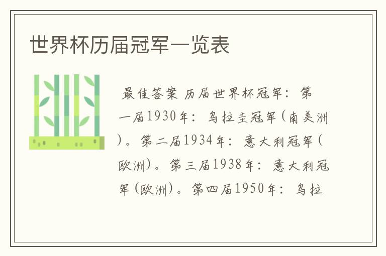 世界杯历届冠军一览表