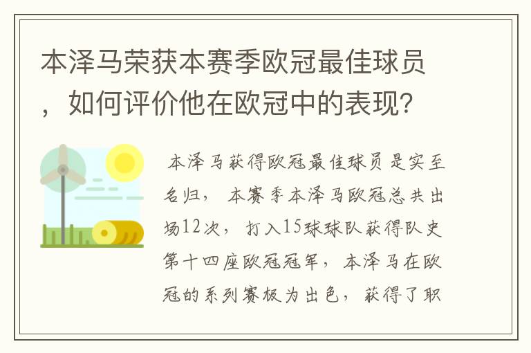 本泽马荣获本赛季欧冠最佳球员,如何评价他在欧冠中的表现?