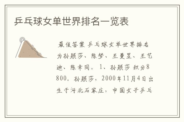 乒乓球女单世界排名一览表