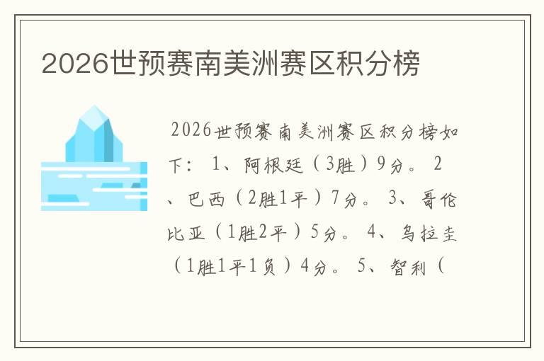 2026世预赛南美洲赛区积分榜