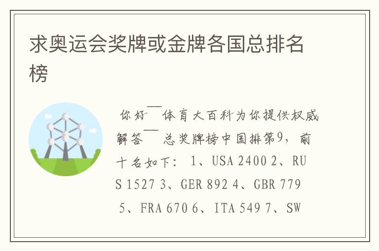 求奥运会奖牌或金牌各国总排名榜