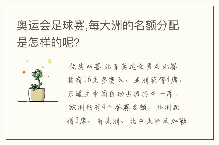 奥运会足球赛,每大洲的名额分配是怎样的呢?