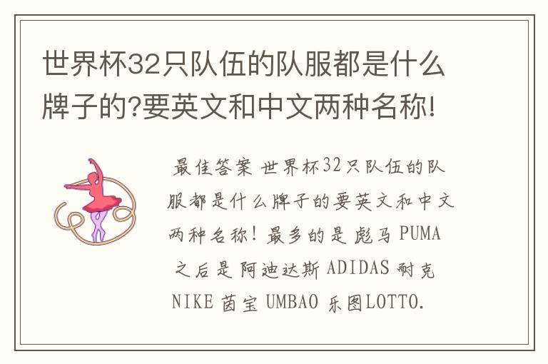 世界杯32只队伍的队服都是什么牌子的?要英文和中文两种名称!