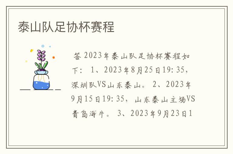 泰山队足协杯赛程