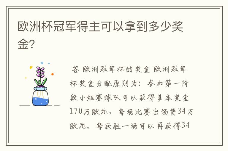 欧洲杯冠军得主可以拿到多少奖金?