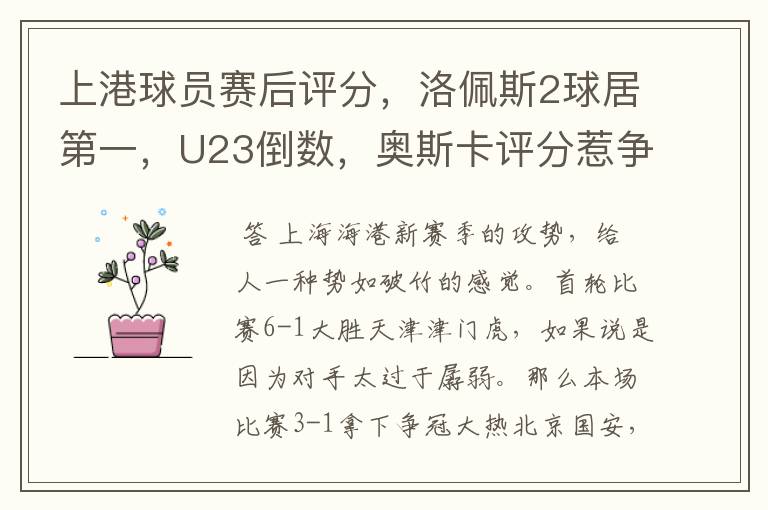 上港球员赛后评分,洛佩斯2球居第一,U23倒数,奥斯卡评分惹争议