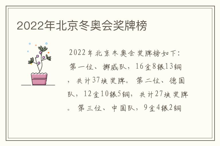 2022年北京冬奥会奖牌榜