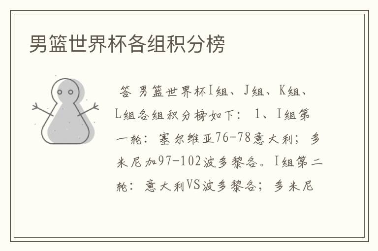 男篮世界杯各组积分榜