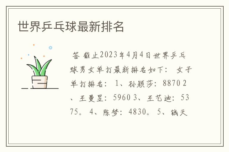 世界乒乓球最新排名