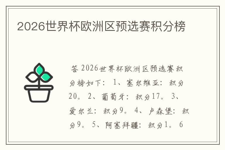 2026世界杯欧洲区预选赛积分榜