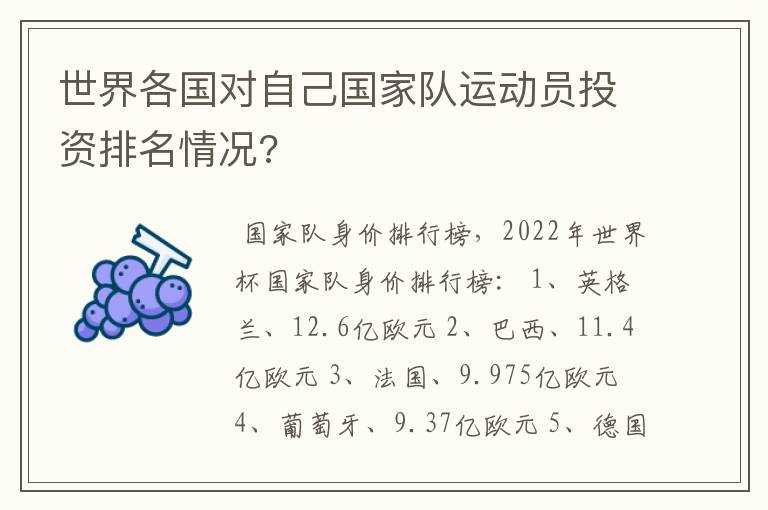 世界各国对自己国家队运动员投资排名情况?