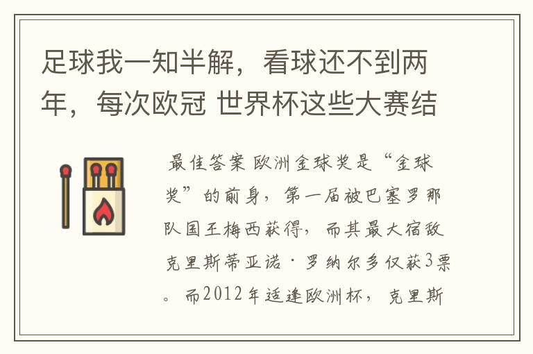 足球我一知半解,看球还不到两年,每次欧冠 世界杯这些大赛结束后不是都要评什么金球奖,金靴奖什么的吗?