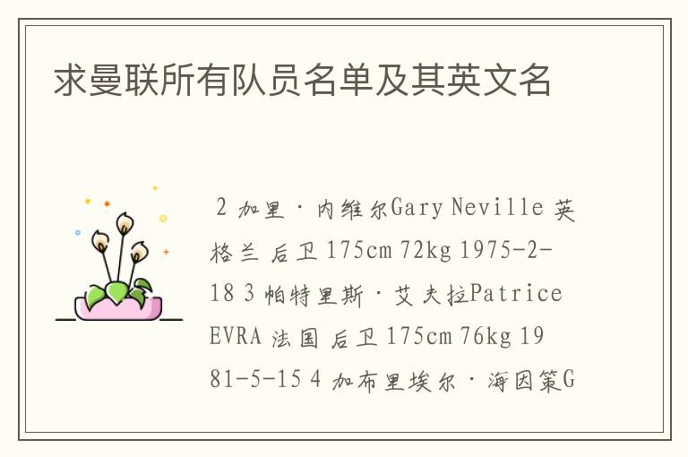 求曼联所有队员名单及其英文名