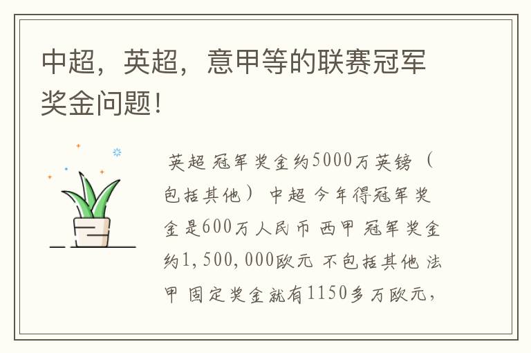 中超,英超,意甲等的联赛冠军奖金问题!