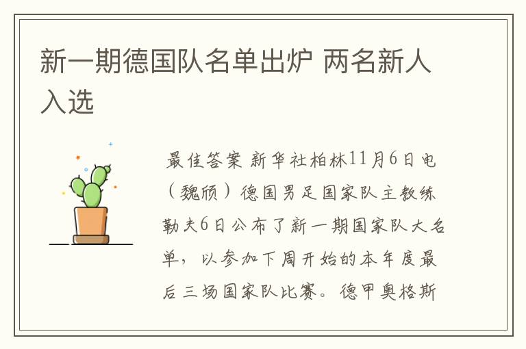 新一期德国队名单出炉 两名新人入选